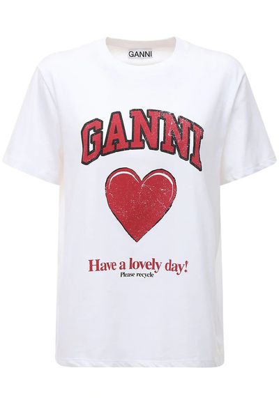 Heart Print Organic Jersey T-Shirt from Ganni