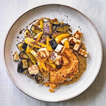 Halloumi, Pepper & Aubergines With Sweet Potato Mash