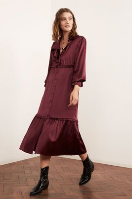 Romily Burgundy Silk Blend Frill Front Midi Dress from Kitri Studio