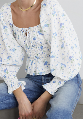 Gillian Tie-Detailed Shirred Floral-Print Linen Top from Faithful The Brand