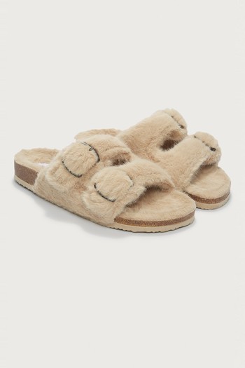 Faux Fur Buckle Cork Slide Slippers from The White Company