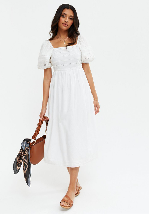 White Broderie Square Neck Puff Sleeve Midi Dress 