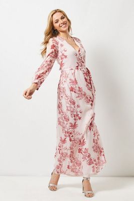 Pink Floral Long Sleeve Maxi Dress