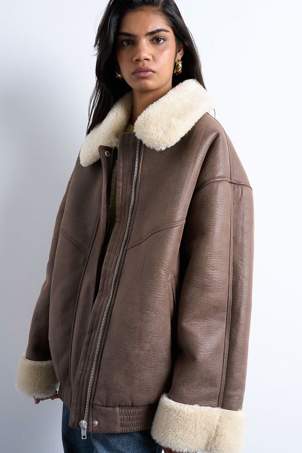 Vintage Washed Faux Shearling Super Oversized Bomber Jacket