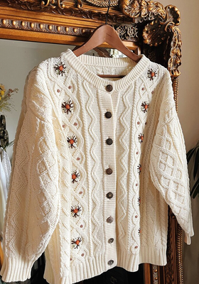 1970s Style Cream Floral Embroidered Cable Knit Cardigan 12-16