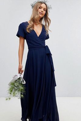 Wrap Maxi Bridesmaid Dress With Tie Detail And Puff Sleeves from TFNC