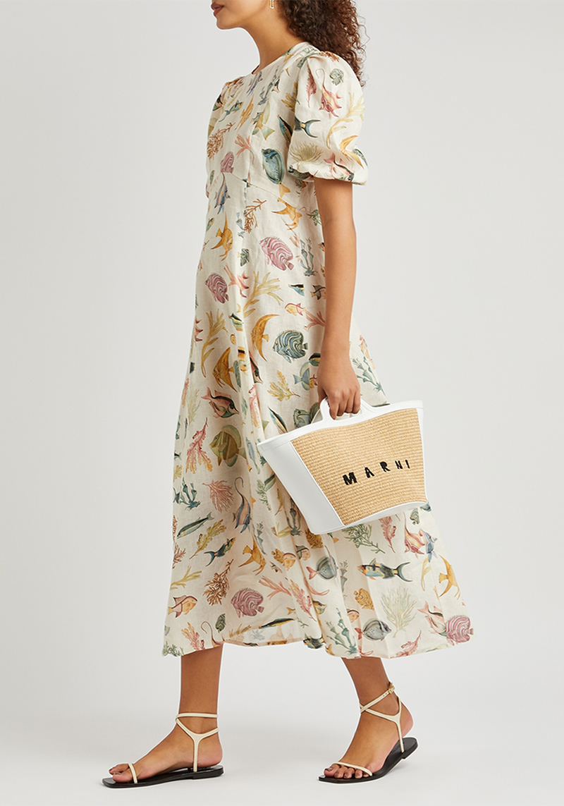 Wanda Ivory Printed Linen Midi Dress from Alemais