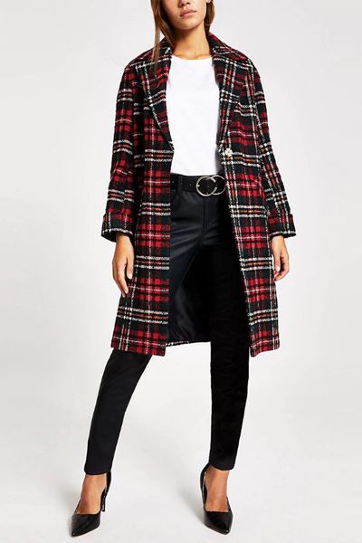 Petite Red Check Longline Coat