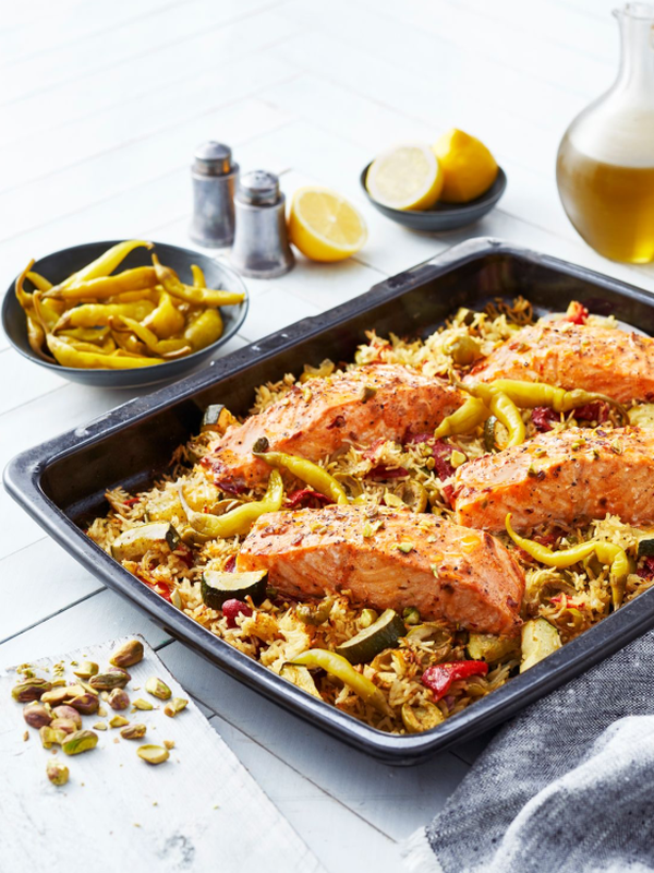 Tray Baked Moroccan Salmon & Rice