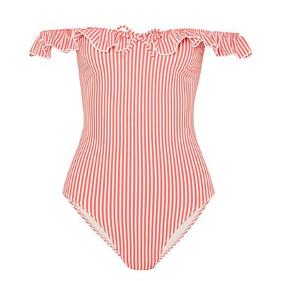 The Amelia Off The Shoulder Ruffle Trimmed Swimsuit from Solid & Striped