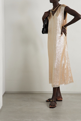 Athena Crinkled Metallic Silk-Blend Chiffon Midi Dress from Partow