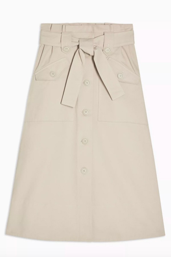 Stone Trench Belted Midi Skirt