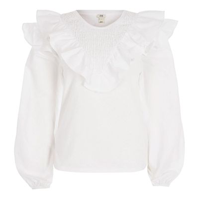 White Long Sleeve Frill Front Blouse