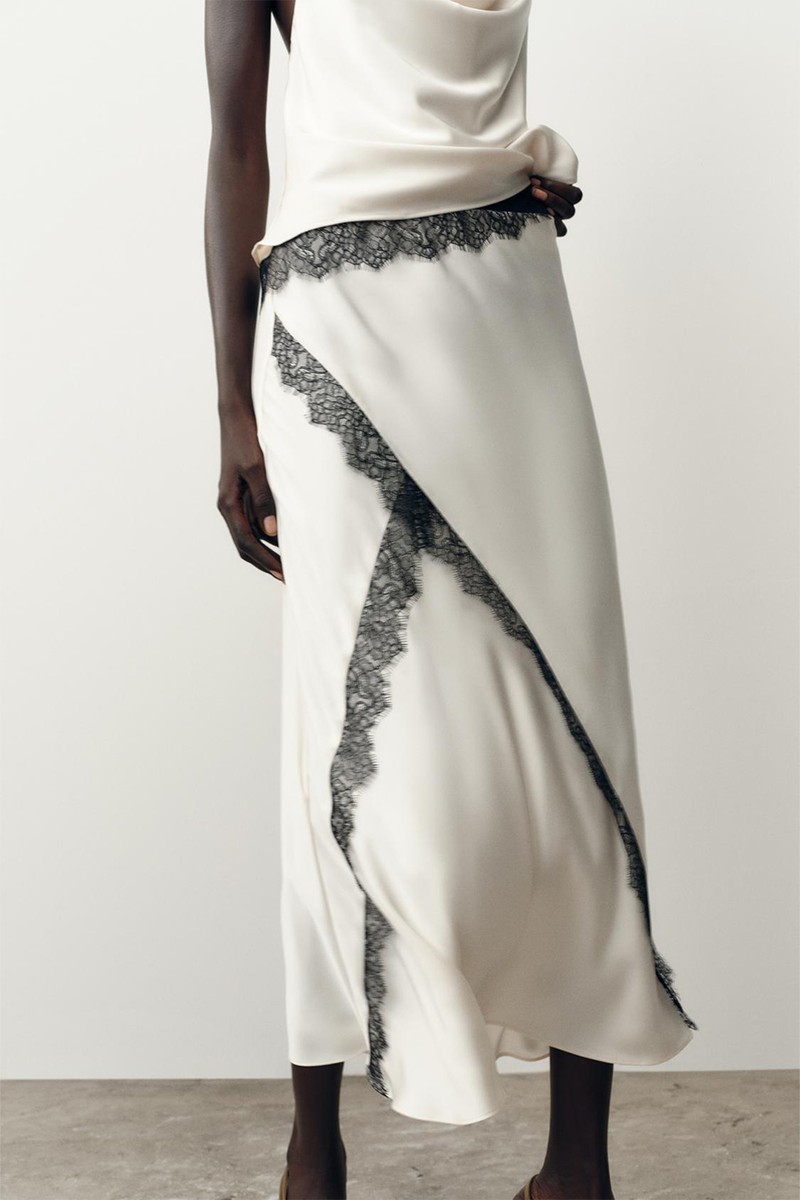 Satin Midi Skirt With Lace