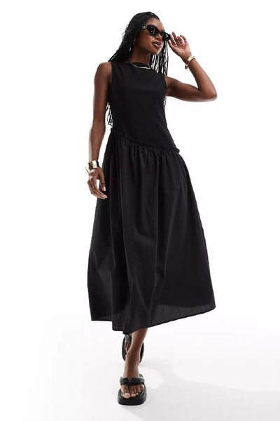 Ribbed Tank Maxi Dress With Poplin Skirt & Asymmetrical Waist Seam from ASOS