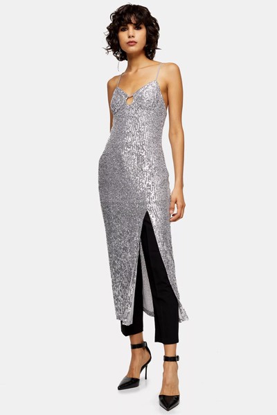 Silver Sequin Keyhole Midi Dress