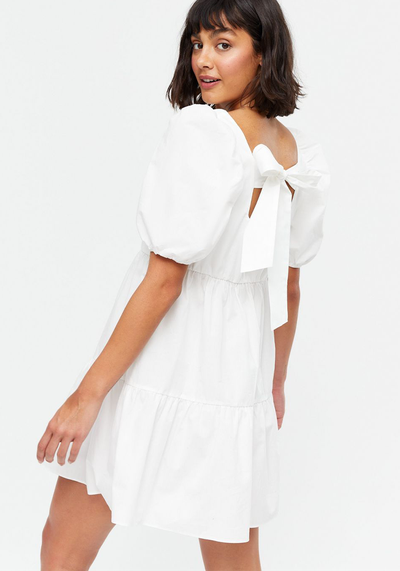 White Poplin Square Neck Tie Back Dress 