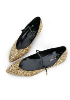 Gold Glitter Ballet Flats With Strap from Ballerette