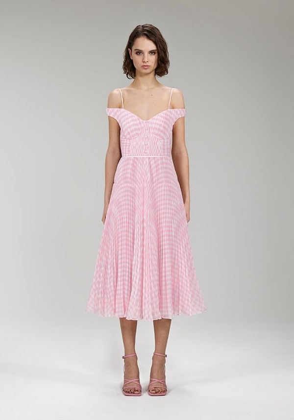 Pink Gingham Print Chiffon Midi Dress