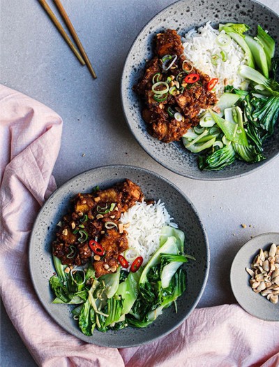 Sticky Peanut Tofu  With Ginger Garlic Bok Choy