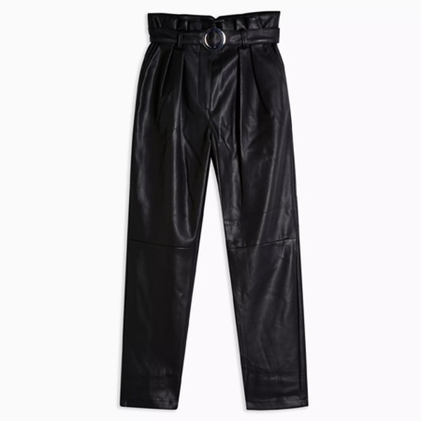 Black Faux Leather PU Belted Peg Trousers