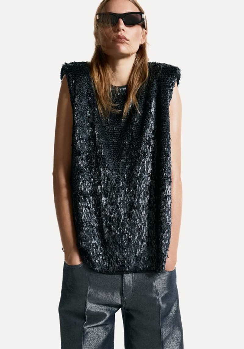 Sequined Shoulder-Pad Top 