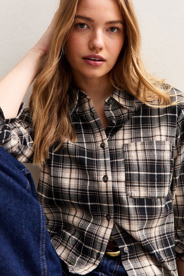 Check Print Long Sleeve Cropped Shirt