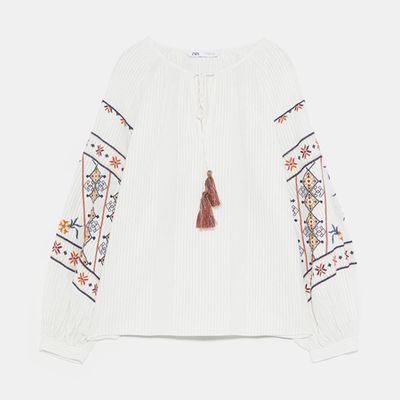 Embroidered Blouse With Cord Detail from Zara