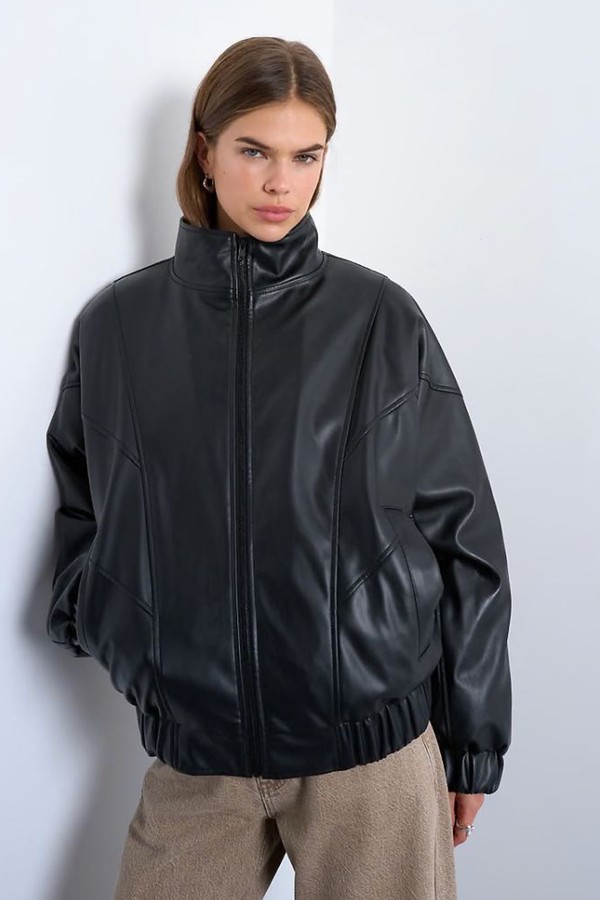 Faux Leather Padded Seam Detail Bomber Jacket 