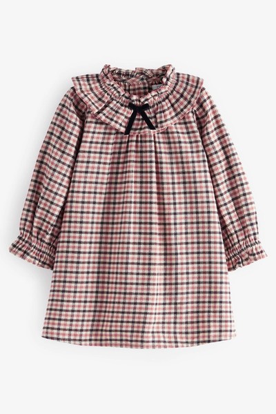 Ruffle Collar Check Dress Soft Brown