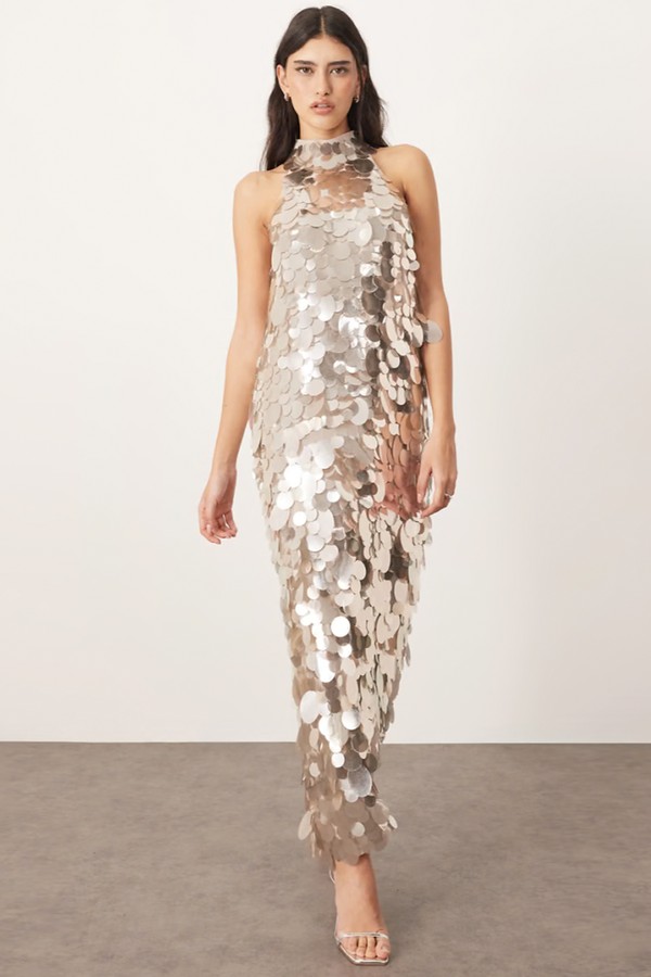 Embellished Disc Sequin High Neck Column Maxi Dress