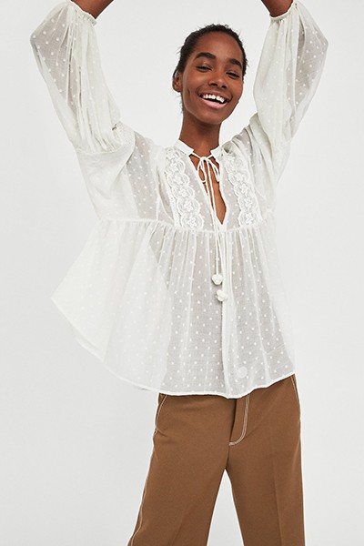  Dotted Mesh Blouse With Lace  from Zara