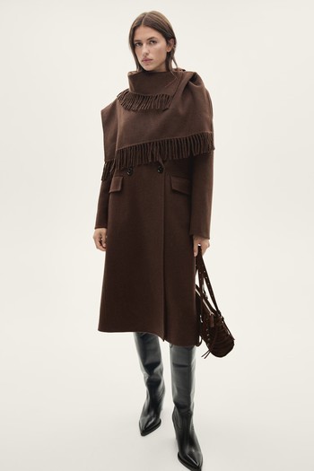 Wool Coat With Fringed Scarf