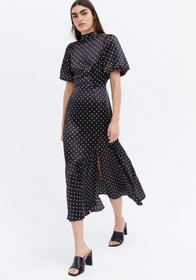 Black Spot Satin High Neck Open Back Midi Dress