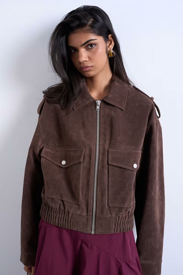 Faux Suede Bomber Jacket With Popper Details