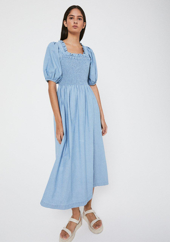 Denim Shirred Bodice Puff Sleeve Midi Dress