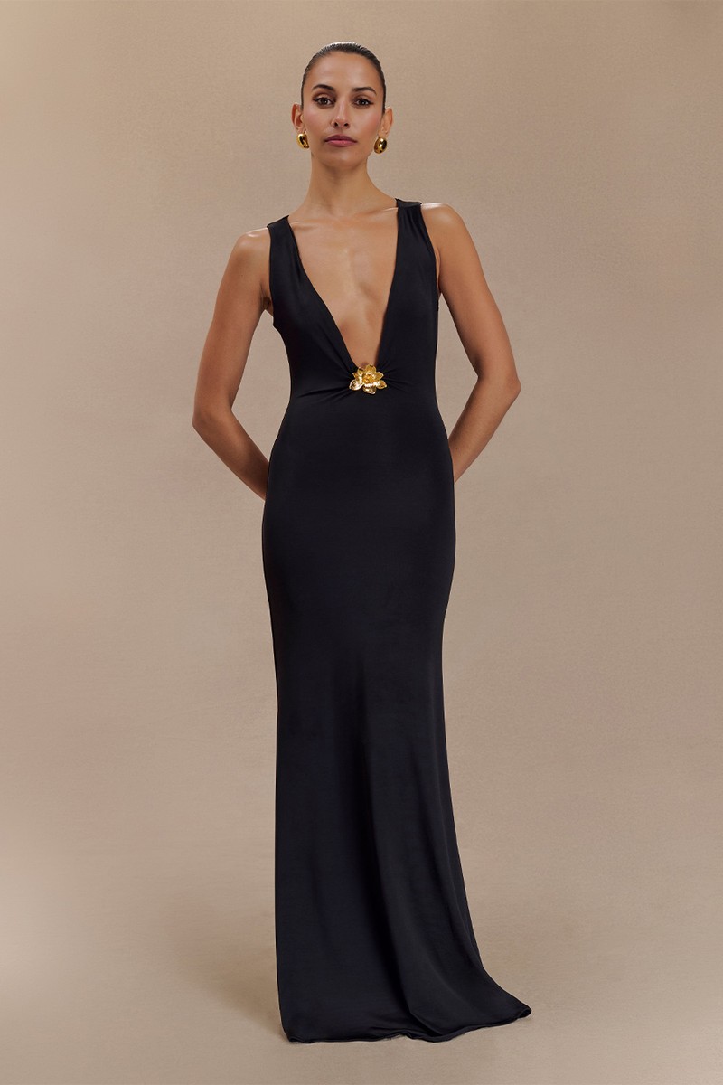 Beck Plunge Maxi Dress With Floral Hardware from Meshki