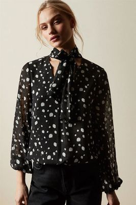 Polka Dot Top With Tie Neck Detail
