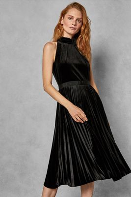 CORNELA Pleated Velvet Midi Dress