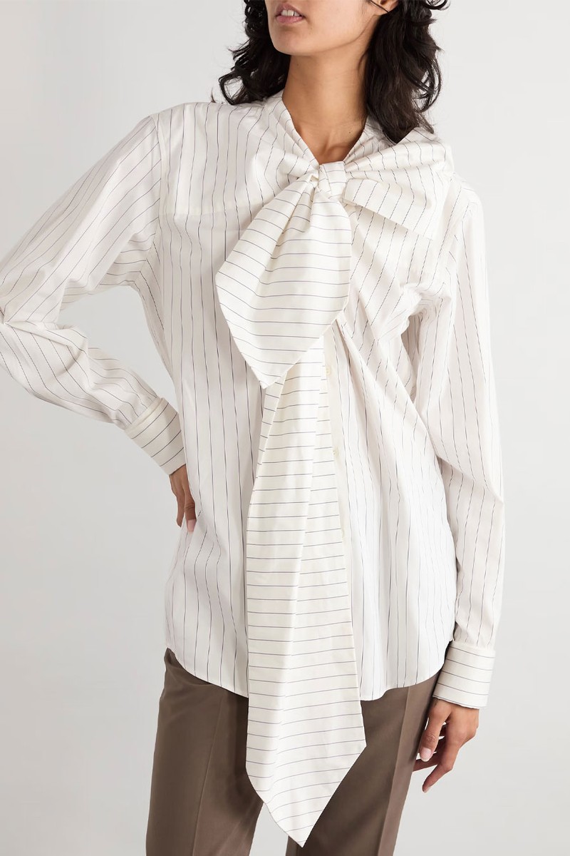Pinstriped Cotton-Poplin Pussy-Bow Shirt from Dries Van Noten