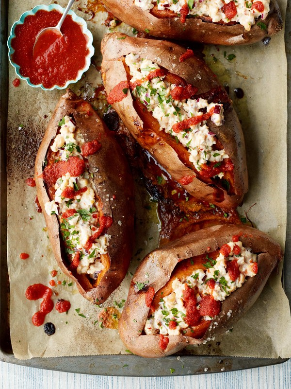 Baked Sweet Potatoes With Spicy Chickpea Mayo