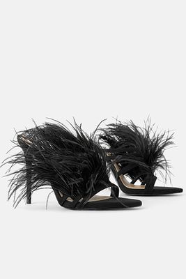 High Heel Leather Sandals with Feathers from Zara