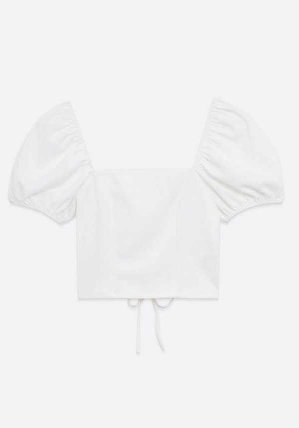 Puff Sleeve Lace Up Back Crop Top from New Look