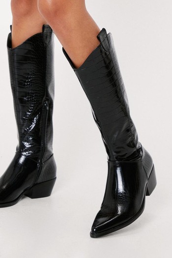 Faux Croc Block Heel Cowboy Boots