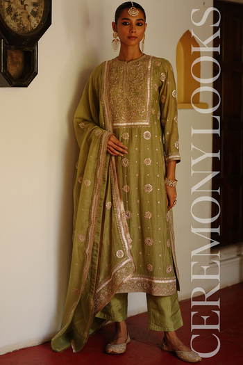 Olive Green Chanderi Marodi Hand Embroidered Kurta Set from Avacara