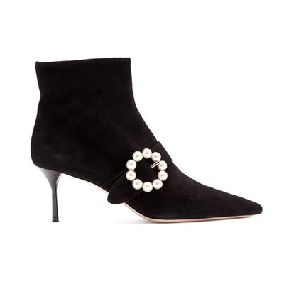 Faux-Pearl Buckle Suede Boots from Miu Miu