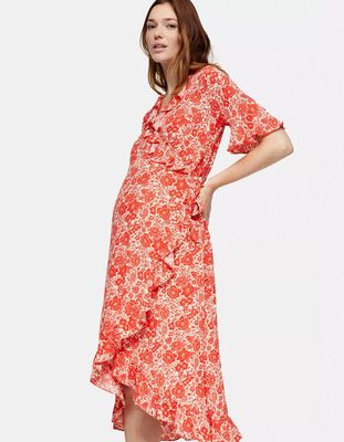 Red Floral Print Ruffle Wrap Dress from Topshop