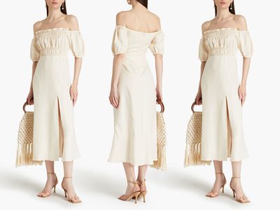 Louise Off The Shoulder Gathered Linen Dress, £318 | Vanessa Cocchiaro