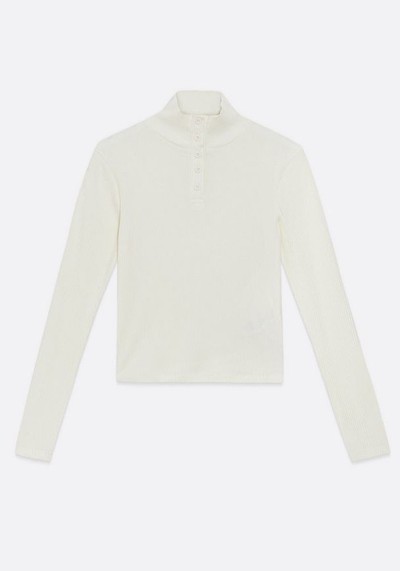 Cream Ribbed Long Sleeve Button Top