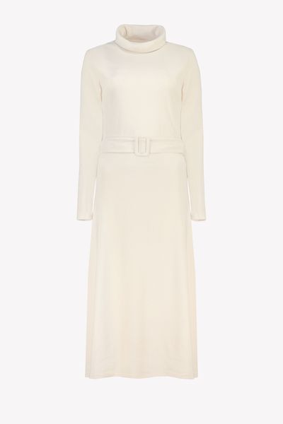 Cream High Neck Belted Dress